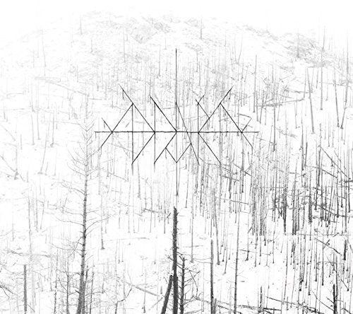 A black and white forest image with a geometric symbol in the center.