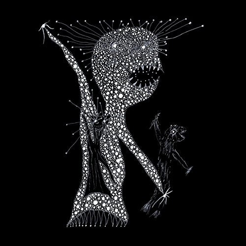 Black and white illustration of a monstrous figure and small person.