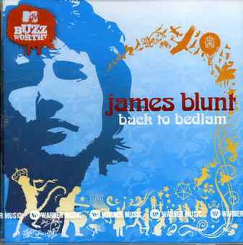 "Album cover with blue-toned silhouette of James Blunt and whimsical yellow and orange designs."
