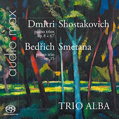 CD cover featuring an abstract forest painting and composers’ names.