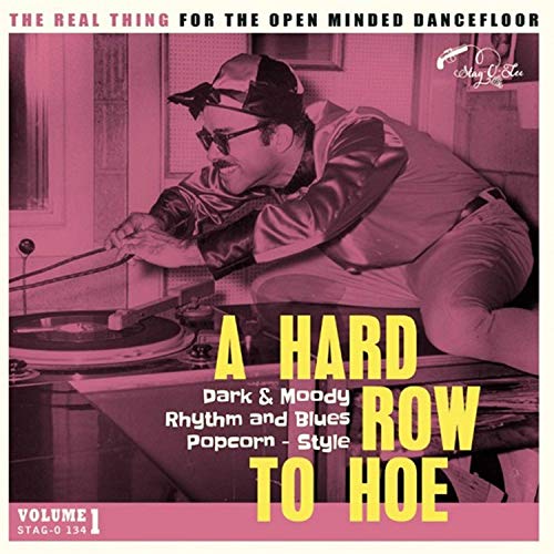 "Album cover with a man handling a record on a turntable, magenta-toned image."