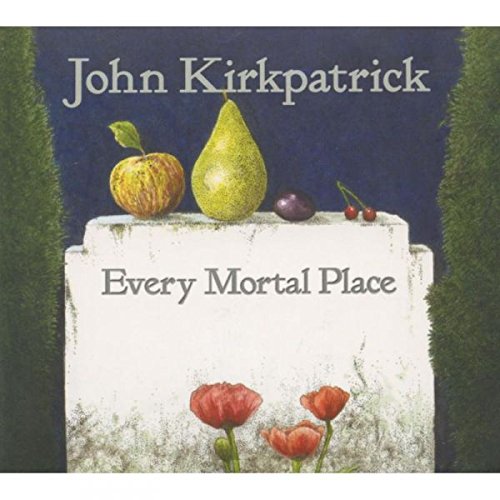 "Album cover with white pedestal, fruit, and flowers against a dark blue background."