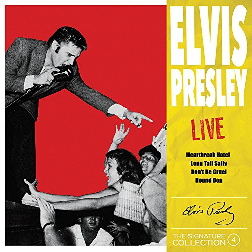 "CD cover of Elvis Presley Live album, featuring a black-and-white photo of Elvis performing."
