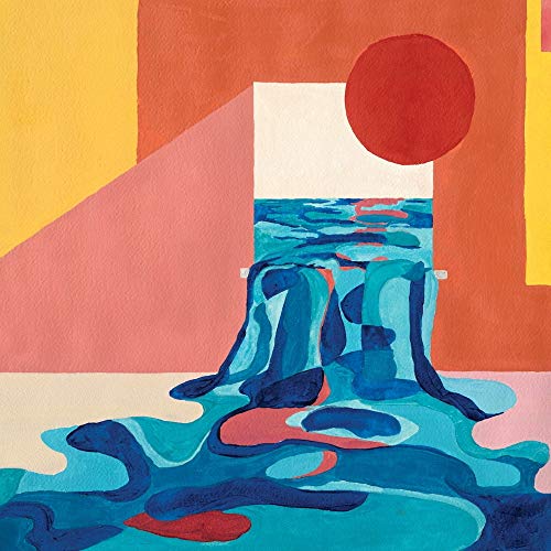 The alt text for the image is: "Abstract painting of blue water and red sun on a CD cover."