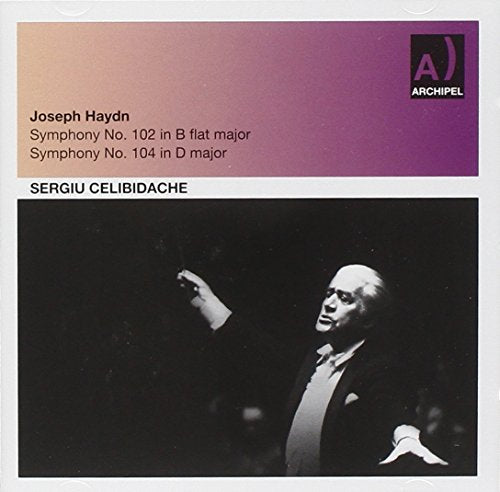 CD cover with conductor Sergiu Celibidache and Joseph Haydn's symphony information.