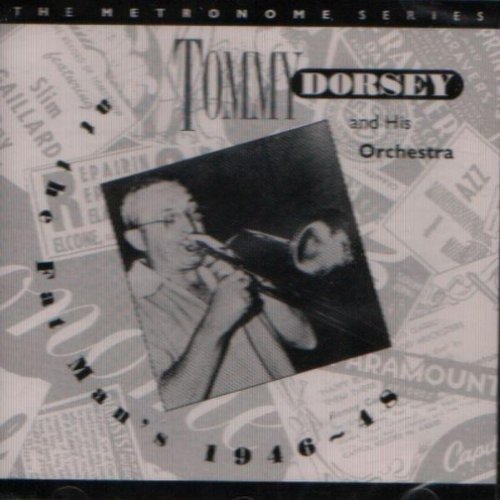 Tommy Dorsey playing trombone on CD cover, black and white, 1946-1948.