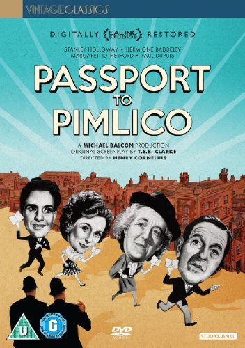 DVD cover for "Passport To Pimlico" featuring cartoon character heads.