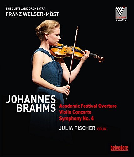 Woman playing violin on DVD cover for Brahms’ Violin Concerto.