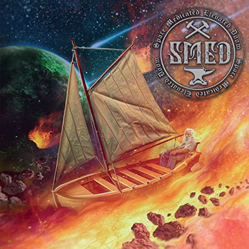 Small sailboat with a bearded man sailing through a cosmic, fiery scene.
