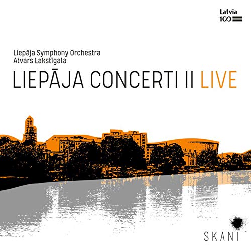 "Album cover with city skyline and lake, orange and black graphic design."