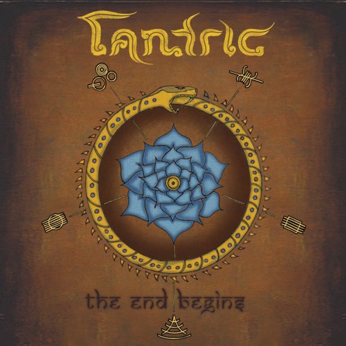"Album cover with snake, lotus, and symbols on a brown background."