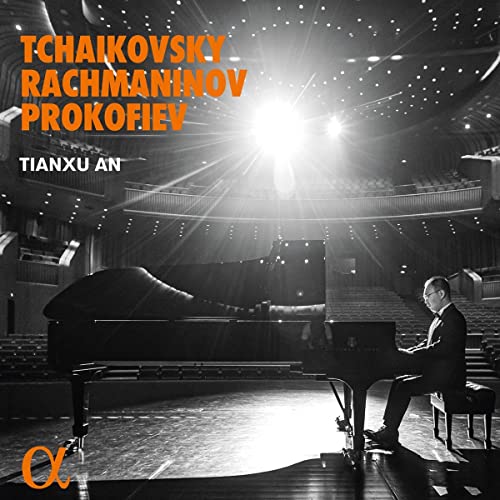 CD cover: pianist Tianxu An at a grand piano in a concert hall.