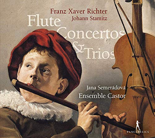 "CD cover art: man playing flute, cello in background, classical music theme."