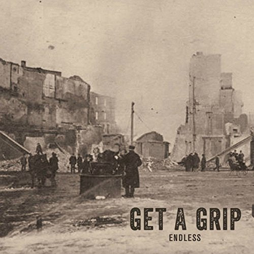 "Sepia-toned album cover with men in old-fashioned clothing amidst ruined buildings and rubble."