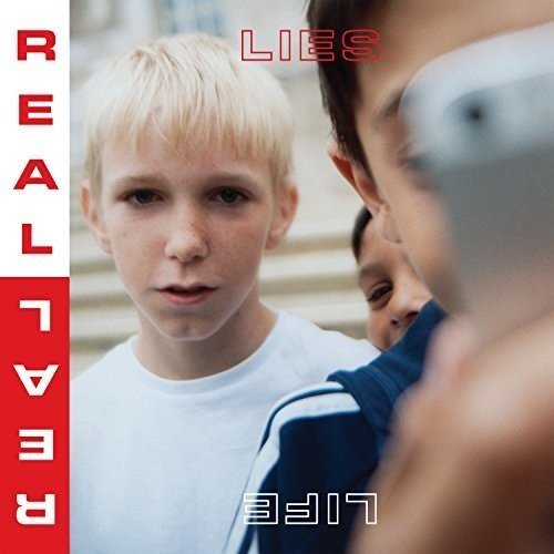 "Album cover with a boy and a man holding a phone, 'Real Lies' text."