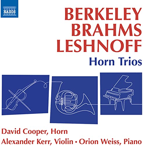 CD cover for Berkeley/Brahms horn trios with instrument illustrations.
