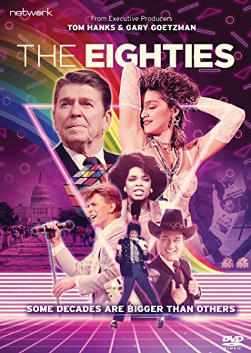 DVD cover for The Eighties featuring a collage of 1980s icons on purple background.