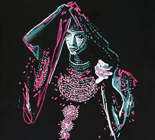 "Album cover featuring a stylized illustration of a veiled woman against a black background."