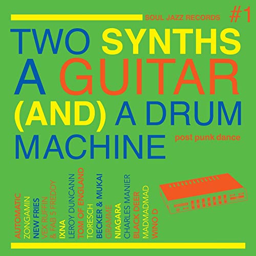 Bright green CD cover with bold text: "Two Synths A Guitar (And) A Drum Machine".