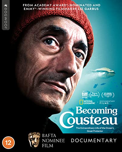 Blu-ray cover for documentary "Becoming Cousteau" featuring Jacques Cousteau’s portrait.