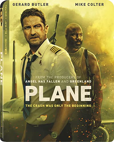 Blu-ray cover for action film "Plane" featuring Gerard Butler and Mike Colter.