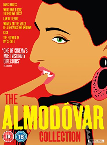 Stylized illustration of a woman's face on a red background, titled Almodovar Collection.