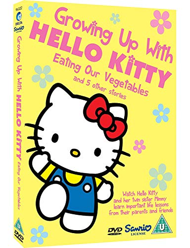 "Yellow DVD case featuring Hello Kitty with a red bow, surrounded by blue flowers."