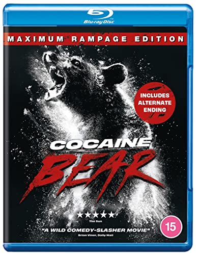Blu-ray cover for Cocaine Bear featuring a roaring bear in white powder.