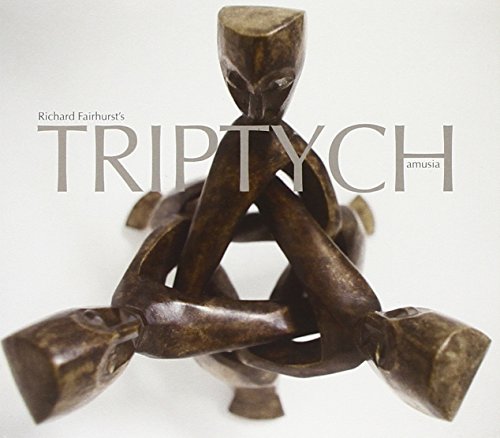 Dark bronze sculpture of three intertwined figures on a white background with text overlay.