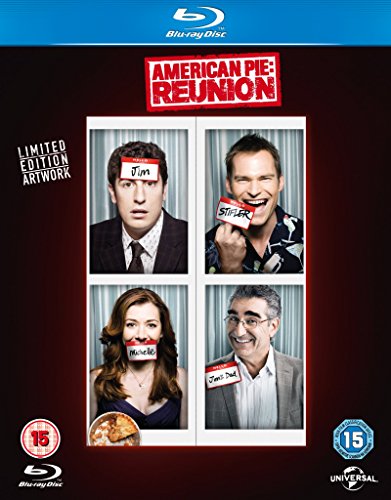"Blu-ray cover featuring four mugshots of 'American Pie: Reunion' main characters."