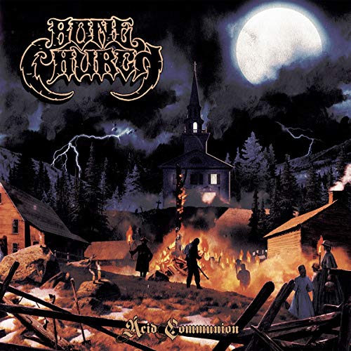 Dark album cover depicting a church, figures with torches, and a full moon.