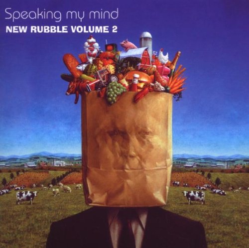 CD cover with a brown paper bag head in a rural landscape.