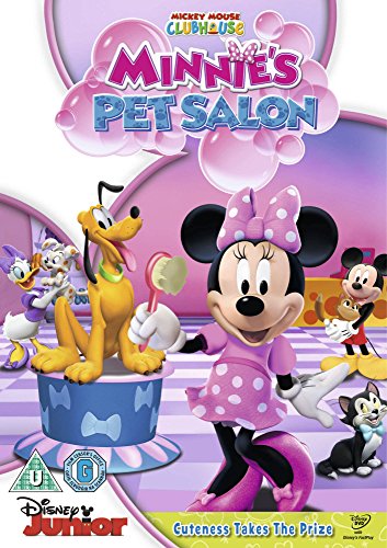 DVD cover featuring Minnie Mouse and pets in a salon setting, with pink and purple hues.