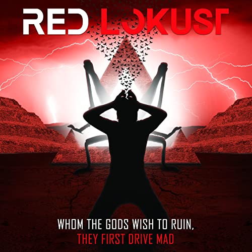 Red Lokust album cover: Silhouette figure with locusts, pyramids, and lightning.