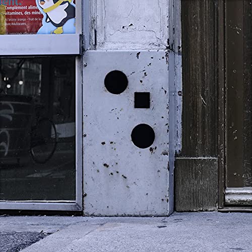 Vinyl record cover featuring a cartoon penguin, displayed near a doorway.