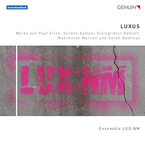 The alt text for the image is: "CD cover with cracked concrete and pink graffiti reading 'LUX:NM'."