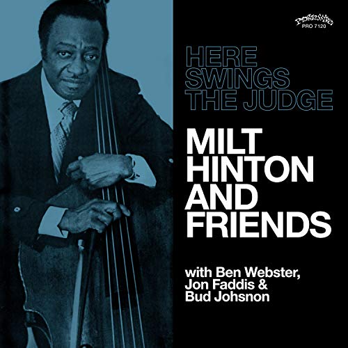 Milt Hinton portrait with upright bass, album cover for “Here Swings The Judge.”
