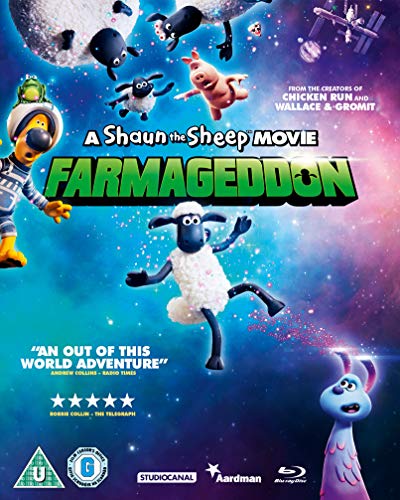 Shaun the Sheep movie poster with aliens, sheep, and a Blu-ray logo.