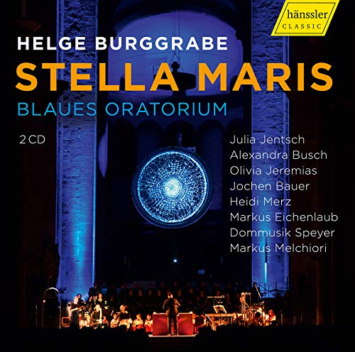 "CD cover with 'Stella Maris' in yellow, musicians on stage, blue-lit archway."