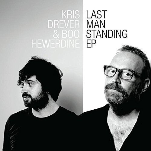 "Album cover featuring two men, one with glasses, against a split gray and white background."