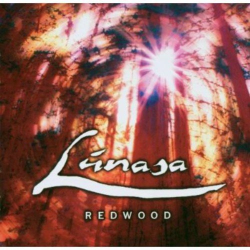 The alt text for the image is: "Album cover with 'Lunasa' and 'Redwood' text, forest scene with bright light."