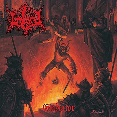 Dark fantasy album cover depicting gladiatorial combat and demonic figures.