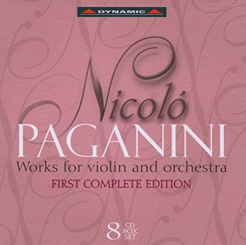 CD box set cover for Nicolo Paganini Works for Violin and Orchestra on pink background.