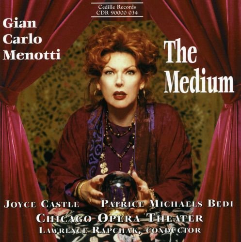 CD cover with a woman holding a crystal ball, surrounded by red curtains.