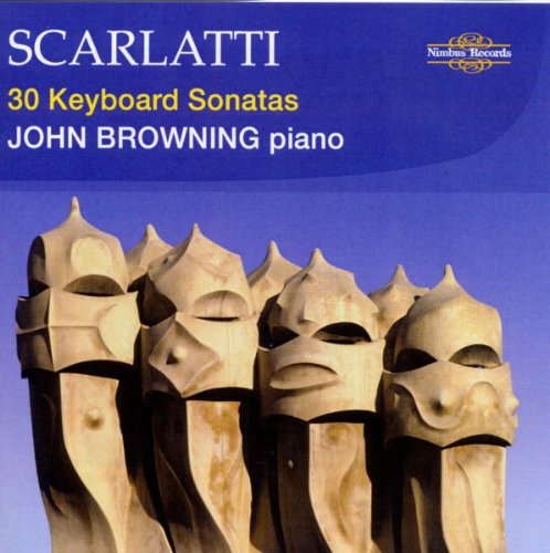 CD cover with wooden masks and blue background, featuring Scarlatti's 30 Keyboard Sonatas.