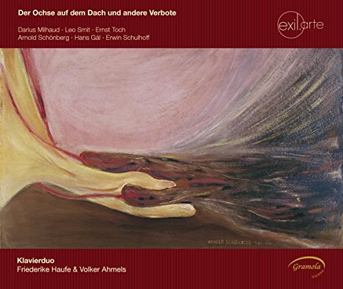 "CD cover with abstract painting, red border, and white and gold text."