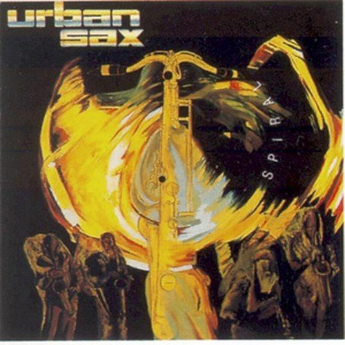 Vinyl record cover for “Spiral” featuring a golden saxophone and abstract figures.