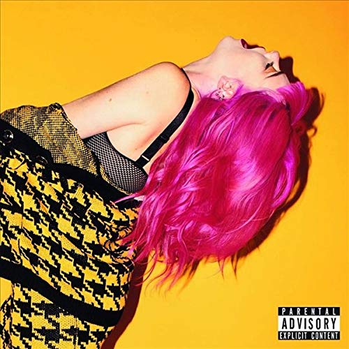 Album cover featuring a woman with pink hair against a yellow background, parental advisory label.