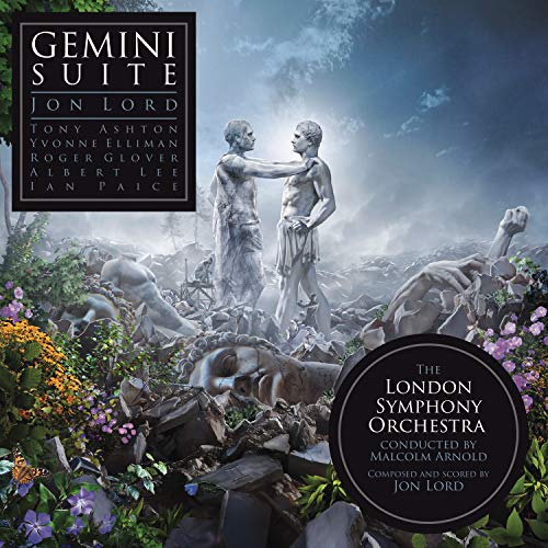 The image depicts a vinyl record cover for "Gemini Suite" by Jon Lord, featuring a statue of two men. The title is displayed prominently in the top-left corner, with the artist's name below it. The cover art shows a surreal landscape with a rocky terrain and a cloudy sky. The London Symphony Orchestra is credited at the bottom right. Alt text: "Album cover for 'Gemini Suite' by Jon Lord, featuring two statuesque men amidst ruins."