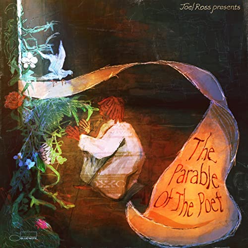 Painted CD cover: person with bird under an open book with flowers.